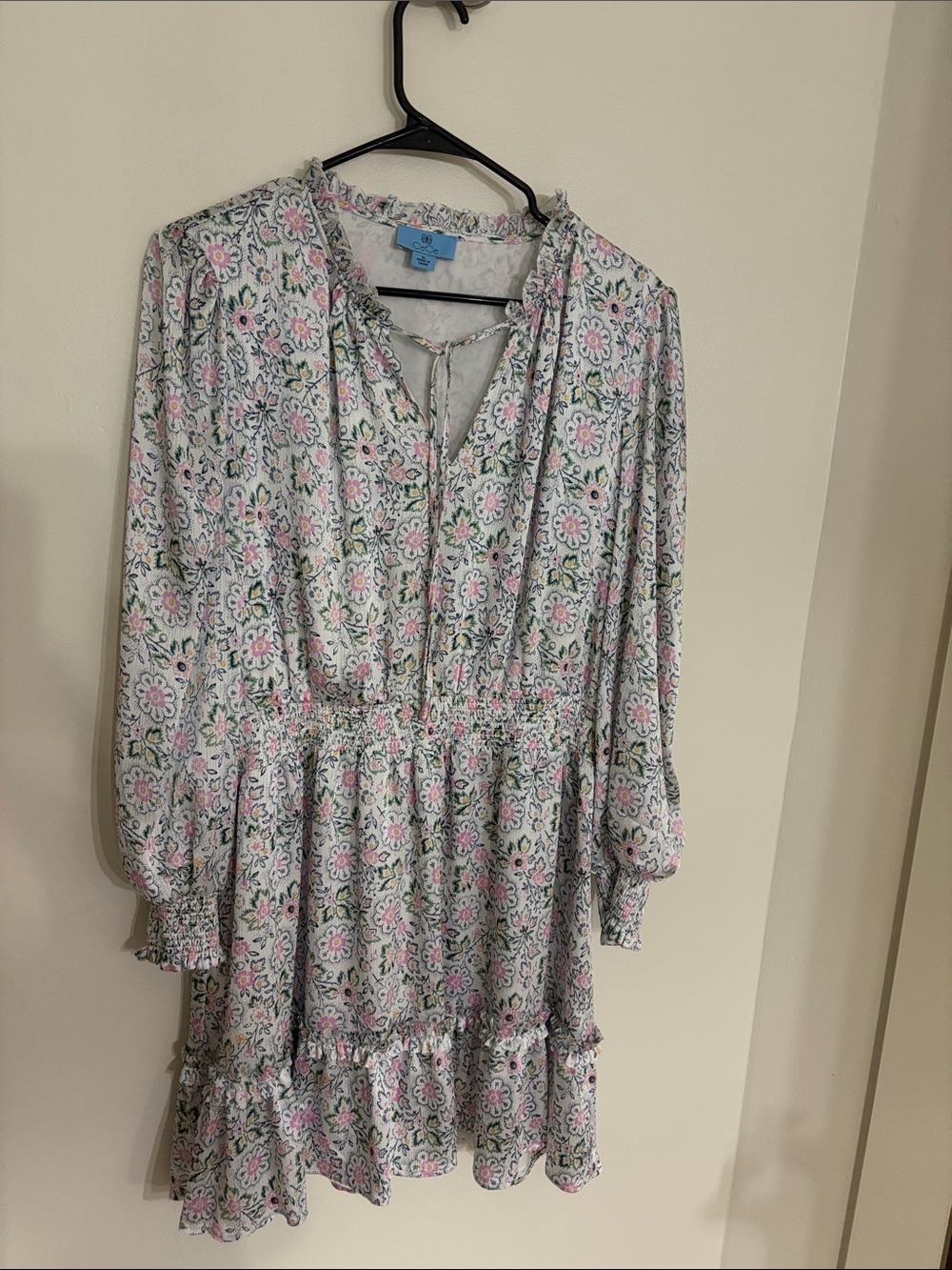 CeCe Floral Tie-Neck Blouse in Pink, Green & Cream